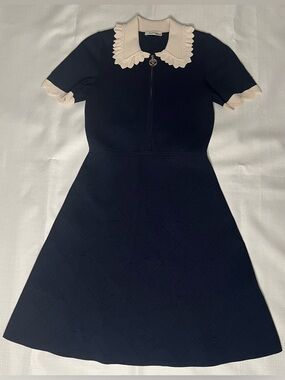 Sandro Navy Pointelle Knit A-Line Dress Scalloped Collar Parisian Preppy Chic